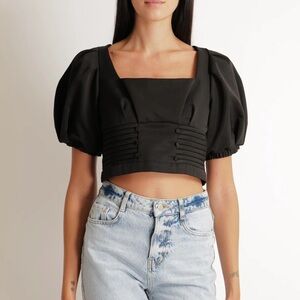 Self Portrait black crop puff sleeve shirt blouse top 4 xs